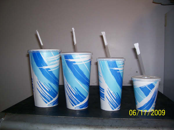 Fountain drink cups in four sizes at the snack bar