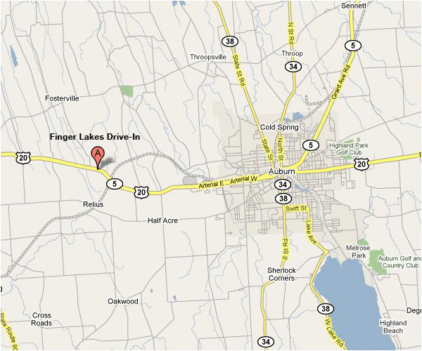 Map showing the Finger Lakes Drive-In on Clark Street Road, 4 miles west of Auburn, NY on Routes 5 & 20